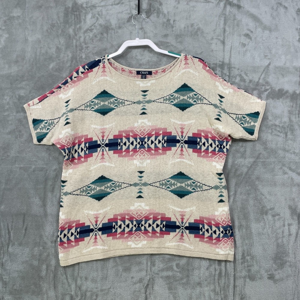 CHAPS Sweater Womens XL Aztec Southwestern Short Sleeve Cotton Blend Beige